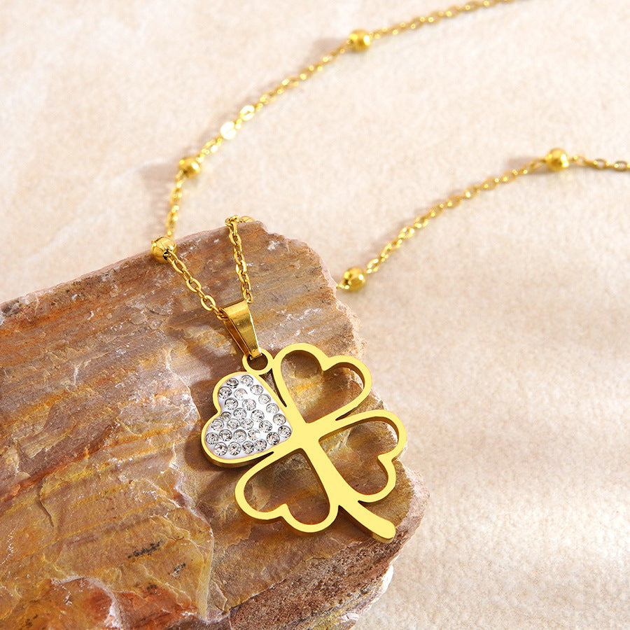 Diamond Four-Leaf Flower Stainless Steel Necklace