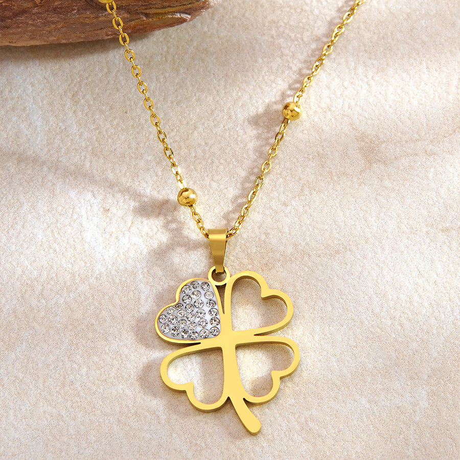 Diamond Four-Leaf Flower Stainless Steel Necklace